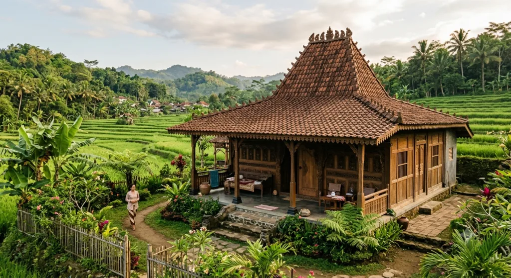 Ilustrasi rumah joglo. Ketahui mengapa rumah joglo bisa bongkar pasang dan dipindahkan tanpa paku dan keistimewaan struktur bagunannya. (AI/KabarJawa)