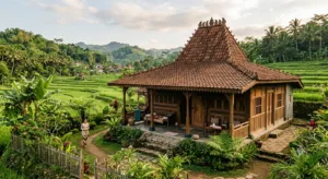 Ilustrasi rumah joglo. Ketahui mengapa rumah joglo bisa bongkar pasang dan dipindahkan tanpa paku dan keistimewaan struktur bagunannya. (AI/KabarJawa)