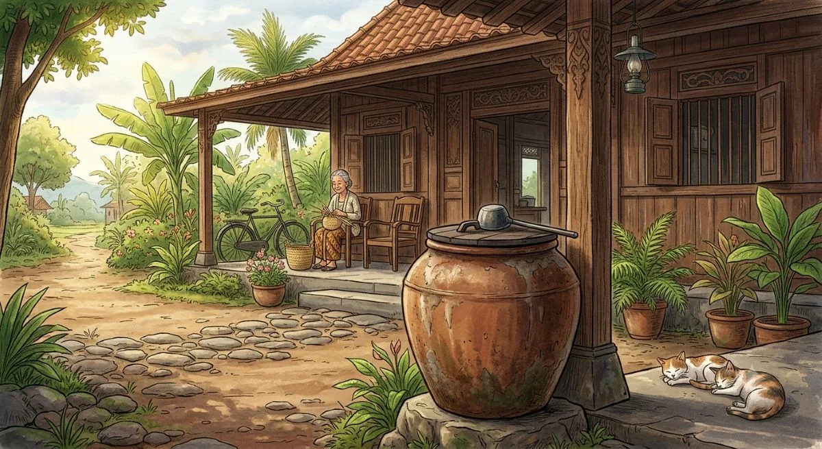 Ketahui alasan orang Jawa menaruh gentong air di depan rumah, mulai dari fungsi sosial hingga budaya yang masih lestari. (Gemini AI)
