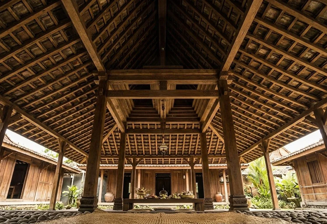 Foto ilustrasi - Mengapa atap rumah Joglo tinggi dan bertingkat? Simak alasan arsitektur, fungsi, serta filosofi Jawa di balik bentuknya. (AI/KabarJawa)