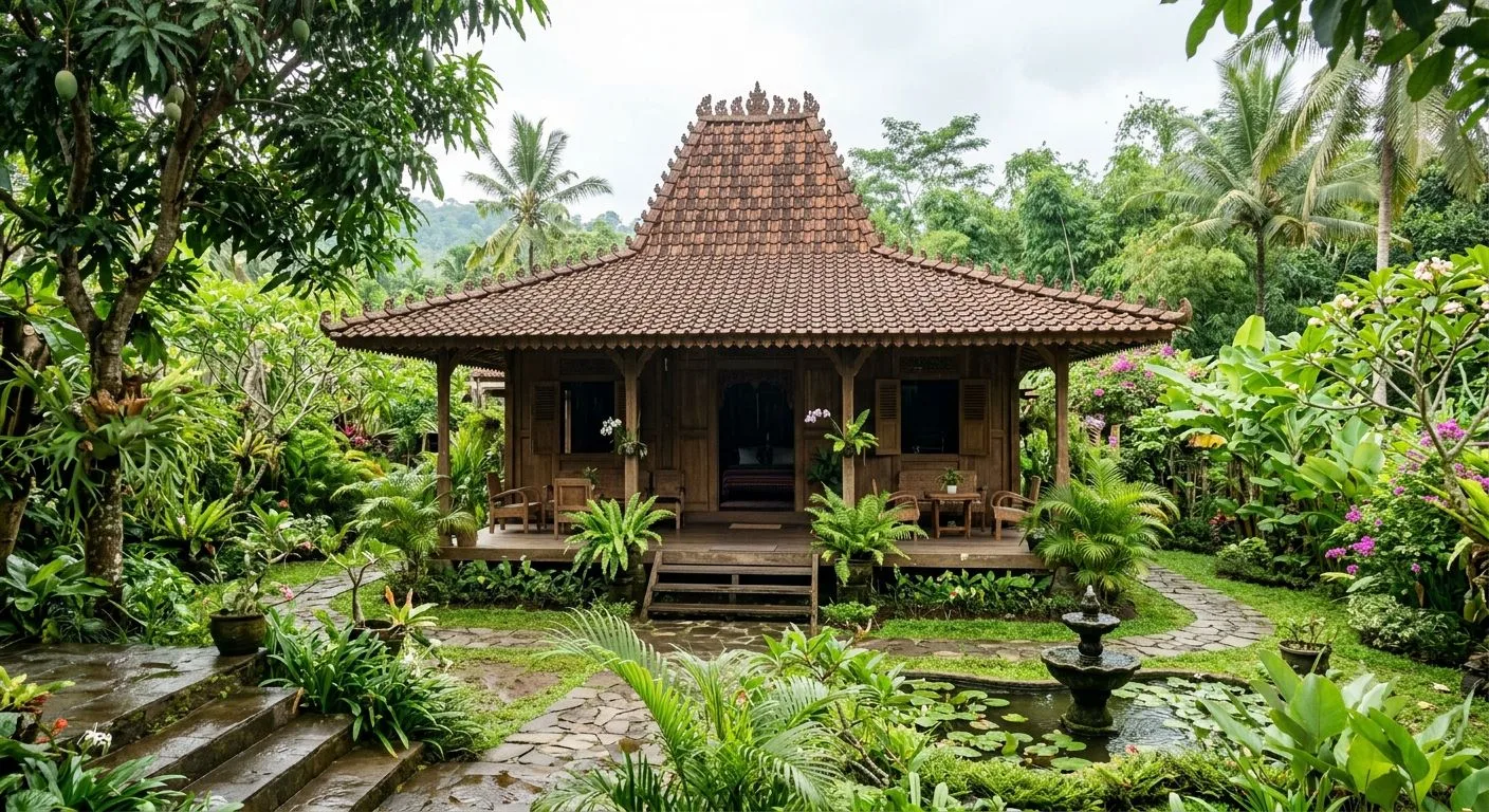 Kenapa rumah joglo sejuk? Ini rahasia arsitektur tradisional Jawa dalam mengatur udara, panas, ventilasi, dan kenyamanan alami. (AI Gemini)