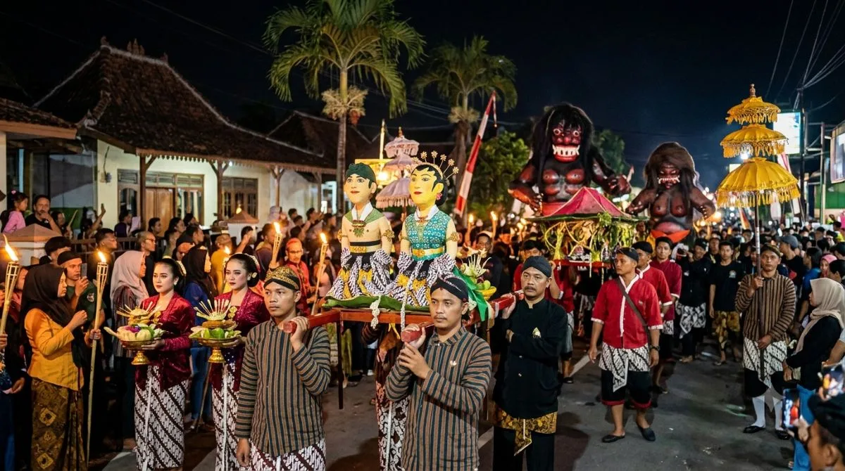 Ilustrasi malam midodareni bekakak, ritual sebelum kirab saparan di Ambarketawag, Gampung, Sleman. (AI/KabarJawa)