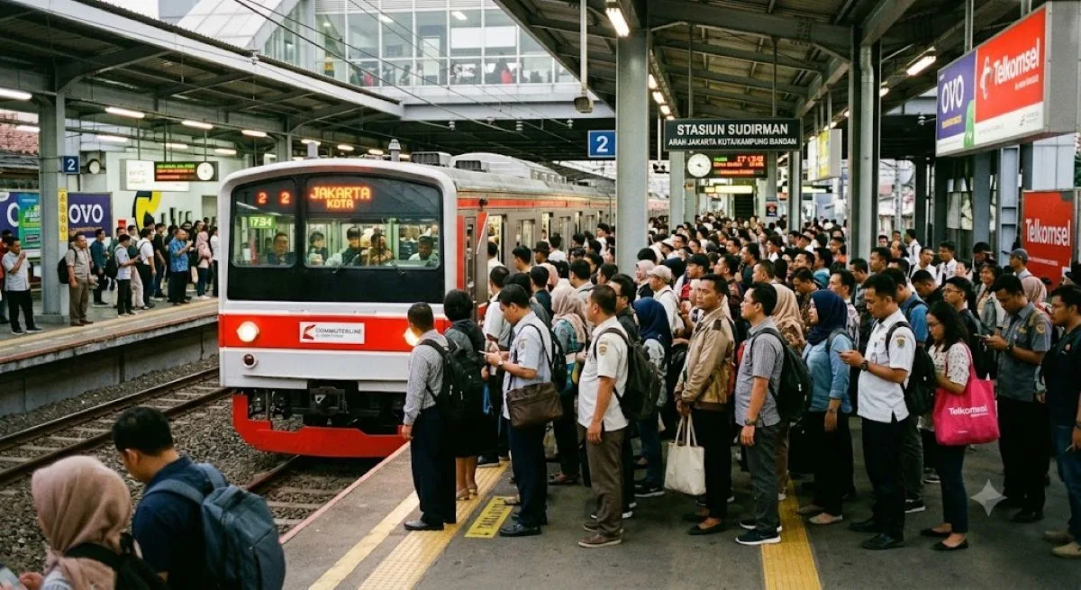 Ilustrasi penumpang yang ingin naik KRL. Berikut jadwal KRL Jogja-Solo hari ini 15 Juli 2026. (AI/KabarJawa)