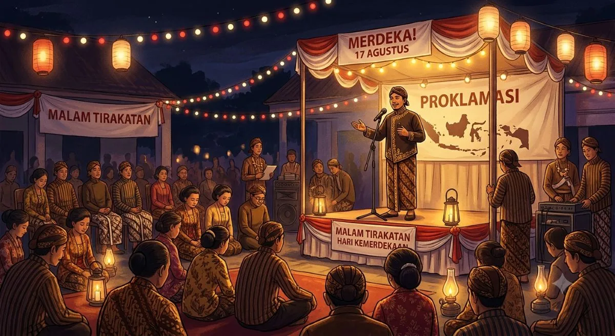 Contoh teks MC malam tirakatan 17 Agustus 2026 bahasa Jawa lengkap dengan susunan acara, pembukaan hingga penutup. (Gemini AI)