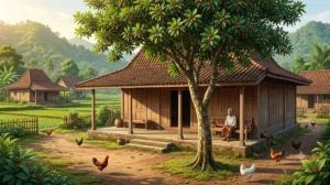 Ilustrasi - Filosofi pohon sawo kecik di rumah orang Jawa sebagai simbol kebaikan, sarwa becik, serta jejak perjuangan Pangeran Diponegoro. (Gemini AI)