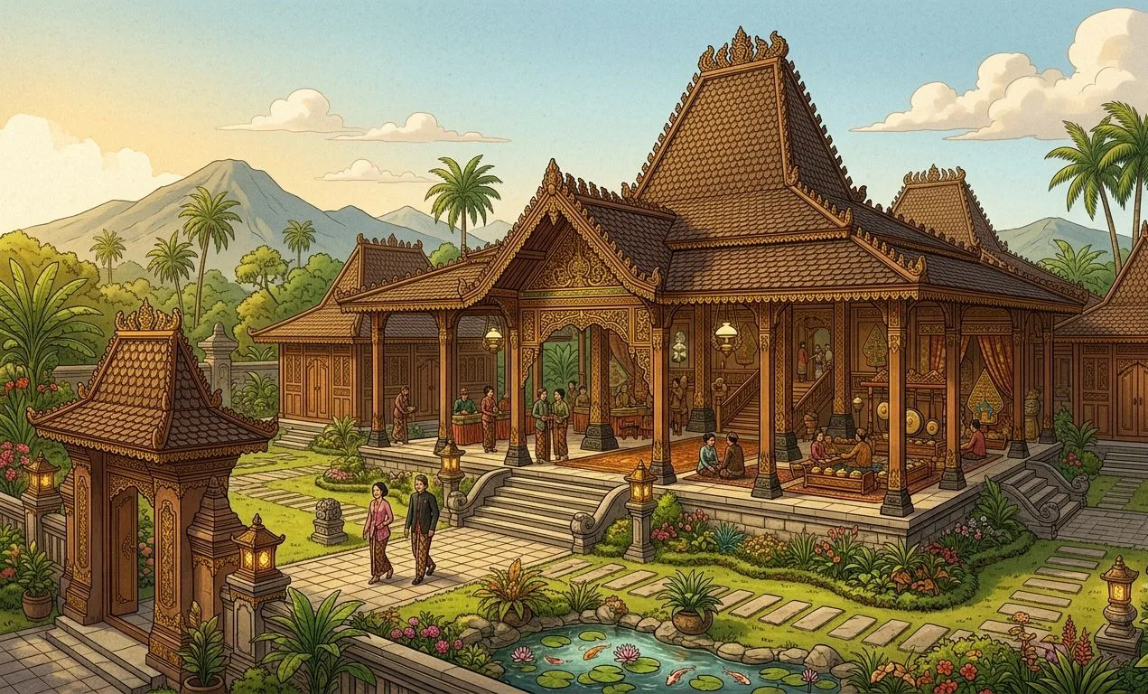 Foto ilustrasi rumah joglo. Mengenal bagian-bagian Rumah Joglo, mulai dari pendapa, pringgitan, dalem hingga senthong beserta makna filosofinya dalam budaya Jawa. (AI/KabarJawa)