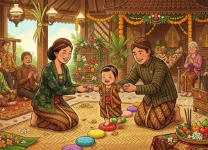 Foto ilustrasi Mengenal tradisi Tedak Siten, upacara adat Jawa saat anak pertama kali menginjak tanah, serta makna simbolik di balik setiap prosesi. (AI/KabarJawa)