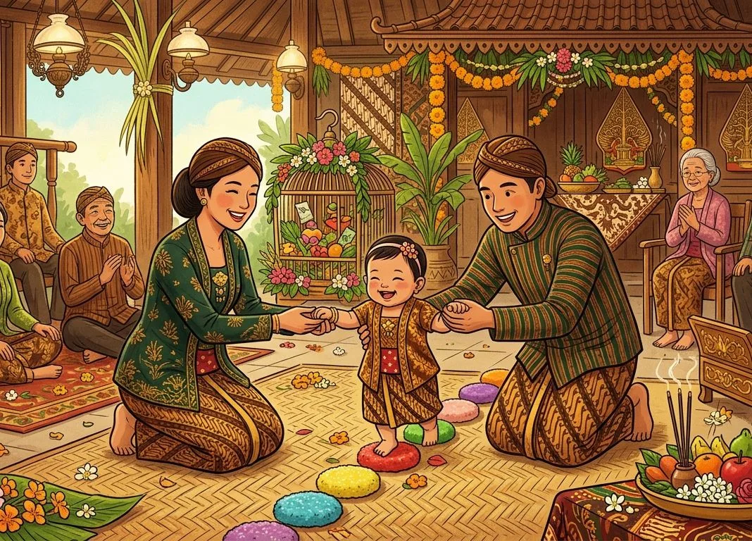 Foto ilustrasi Mengenal tradisi Tedak Siten, upacara adat Jawa saat anak pertama kali menginjak tanah, serta makna simbolik di balik setiap prosesi. (AI/KabarJawa)