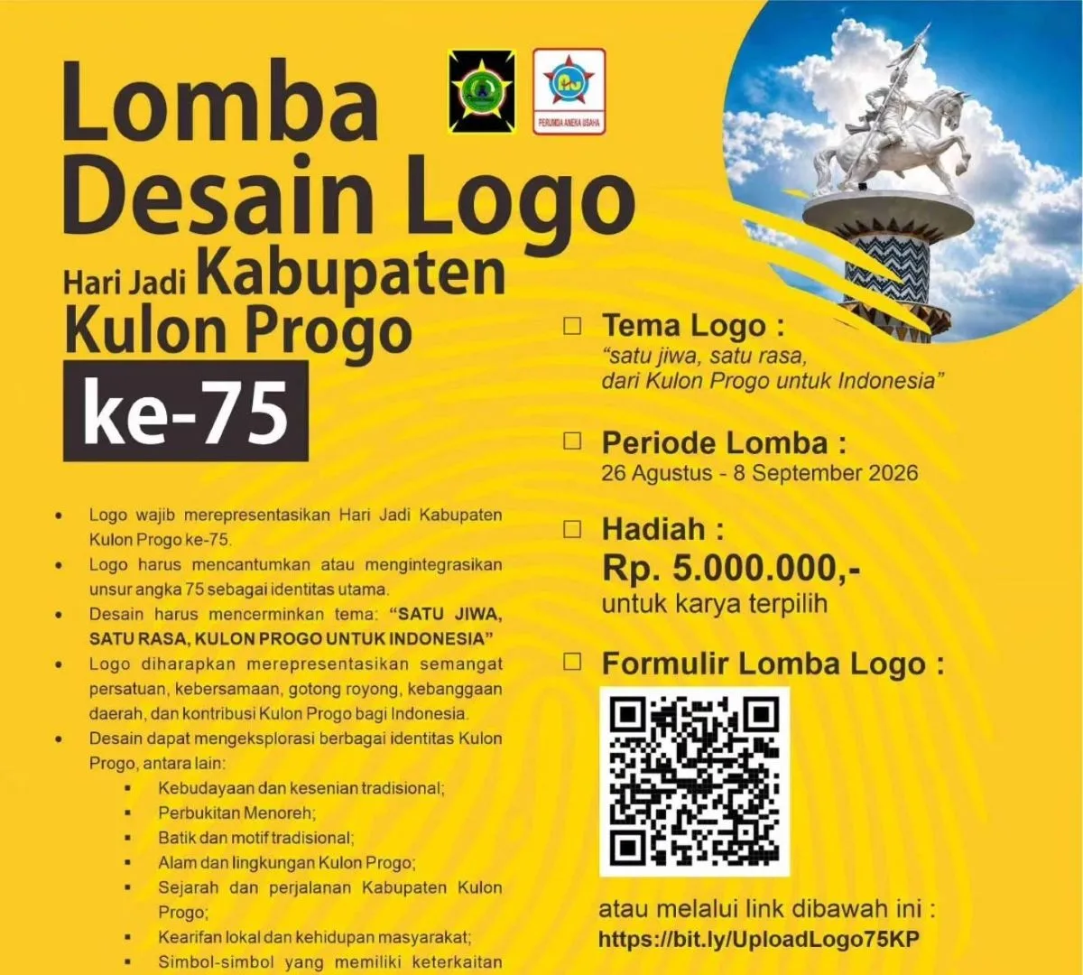 Pemkab Kulon Progo membuka lomba desain logo Hari Jadi ke-75 dengan hadiah Rp5 juta dan pendaftaran gratis bagi masyarakat.