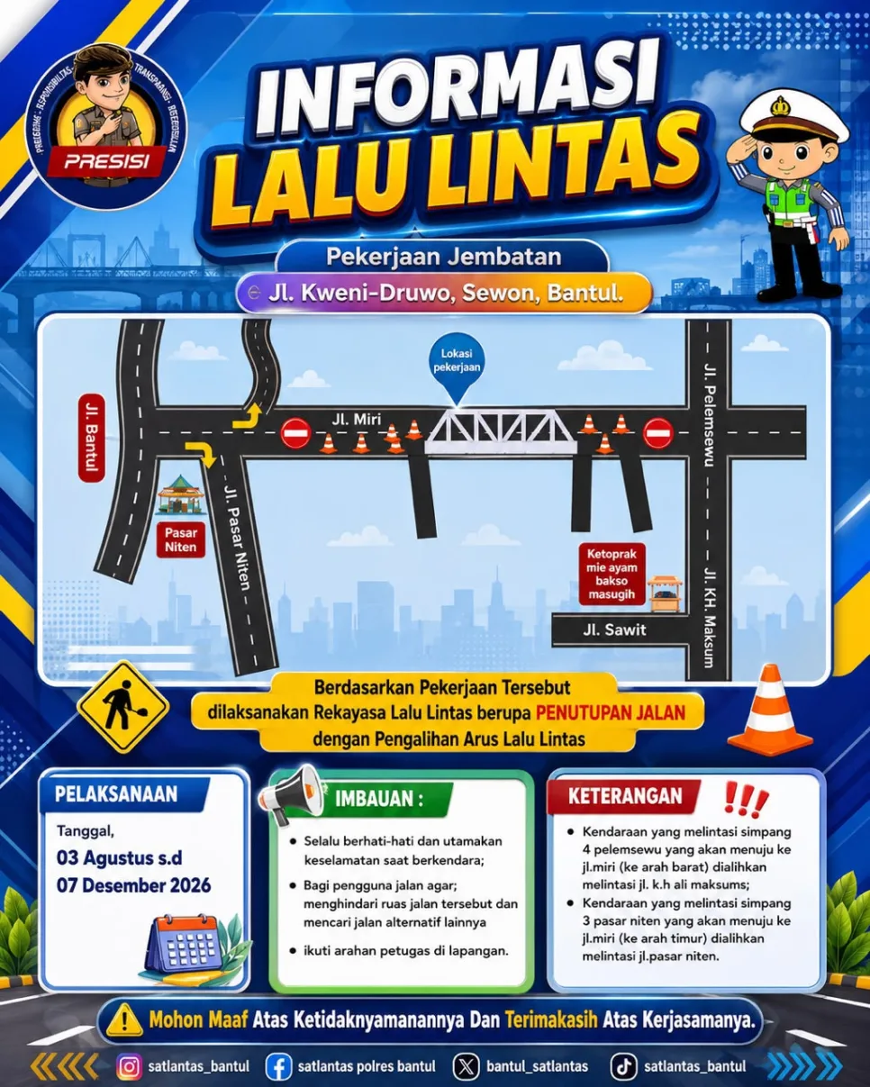 Jalan Kweni-Druwo Bantul ditutup hingga 7 Desember 2026 akibat pembangunan jembatan. Simak rekayasa lalu lintas.