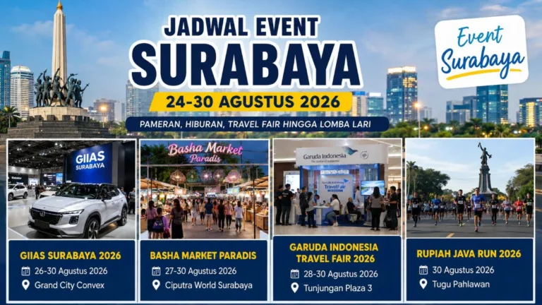 Jadwal event Surabaya 24-30 Agustus 2026 diisi GIIAS, Basha Market, travel fair hingga event lari di berbagai lokasi. (AI/KabarJawa)