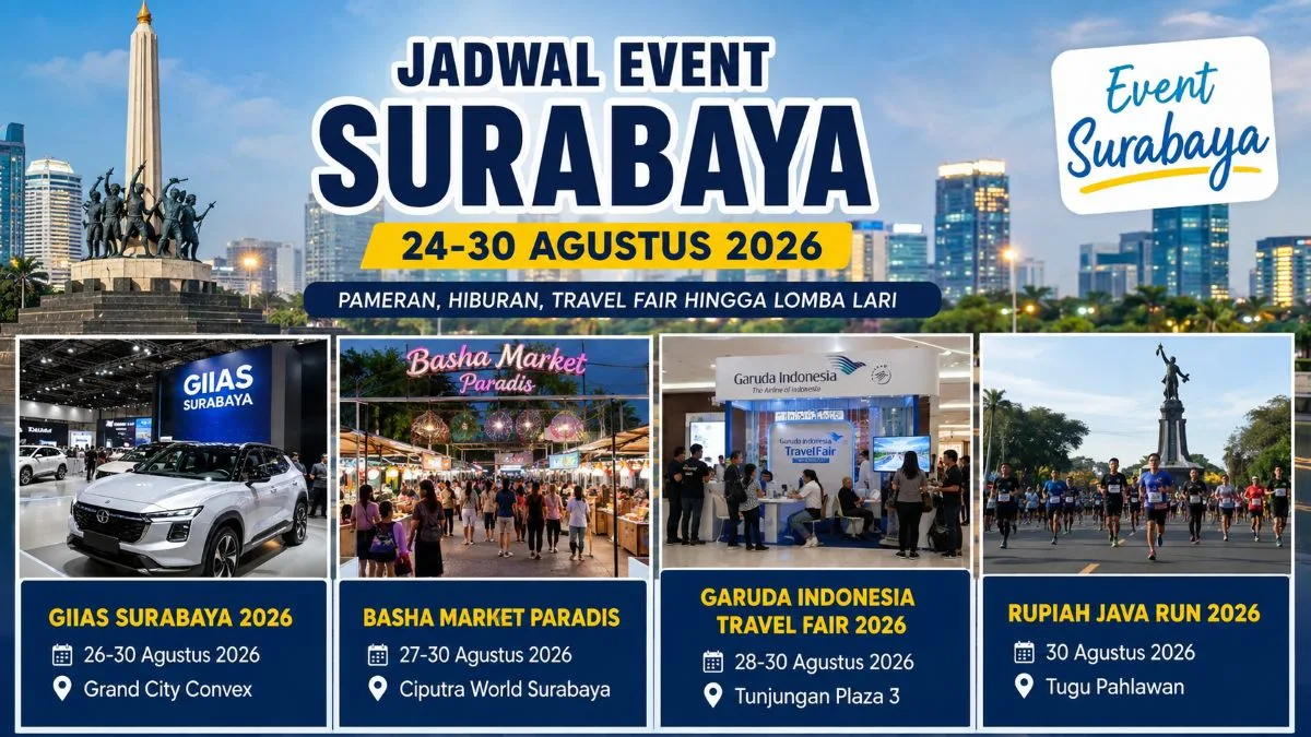 Jadwal event Surabaya 24-30 Agustus 2026 diisi GIIAS, Basha Market, travel fair hingga event lari di berbagai lokasi. (AI/KabarJawa)