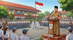 Ilustrasi amanat pembina upacara Hari Senin 2026 untuk SD, SMP, dan SMA dengan tema disiplin, semangat, hingga prestasi. (Gemini AI)