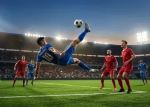 Mehdi Taremi mencetak gol salto spektakuler ke gawang Chelsea pada menit 90+4 Liga Champions 2021. Simak kisah dan kariernya. (Foto ilustrasi: AI/KabarJawa)