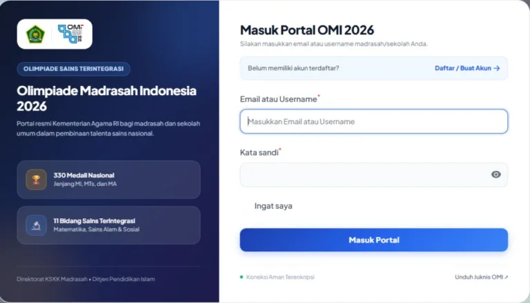 Tampilan portal Olimpiade Madrasah Indonesia. Simak cara cek pengumuman hasil OMI 2026 Provinsi. (omi.kemenag.go.id)
