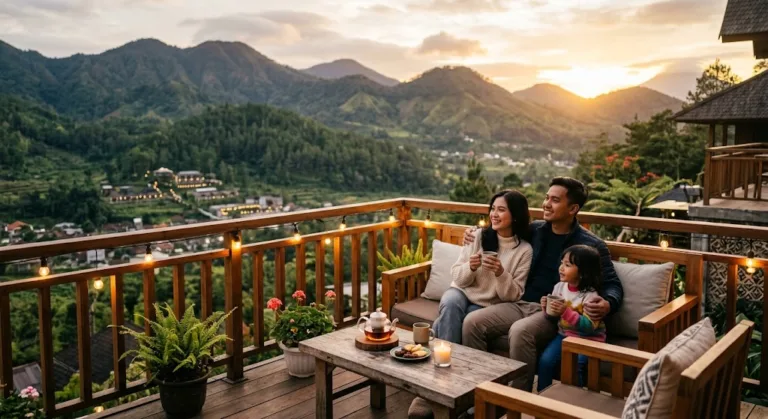 Ilustrasi hotel dan resort di Kota Batu, Jawa Timur yang punya latar pengunungan. (AI)