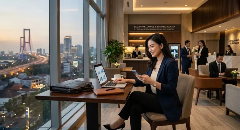 Ilustrasi hotel untuk perjalanan bisnis di Surabaya, Jawa Timur. (AI)